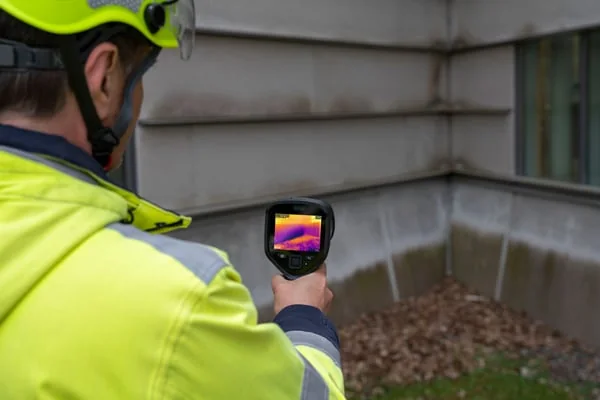 Inspetor com capacete examina a parede externa de um edifício com câmera térmica FLIR