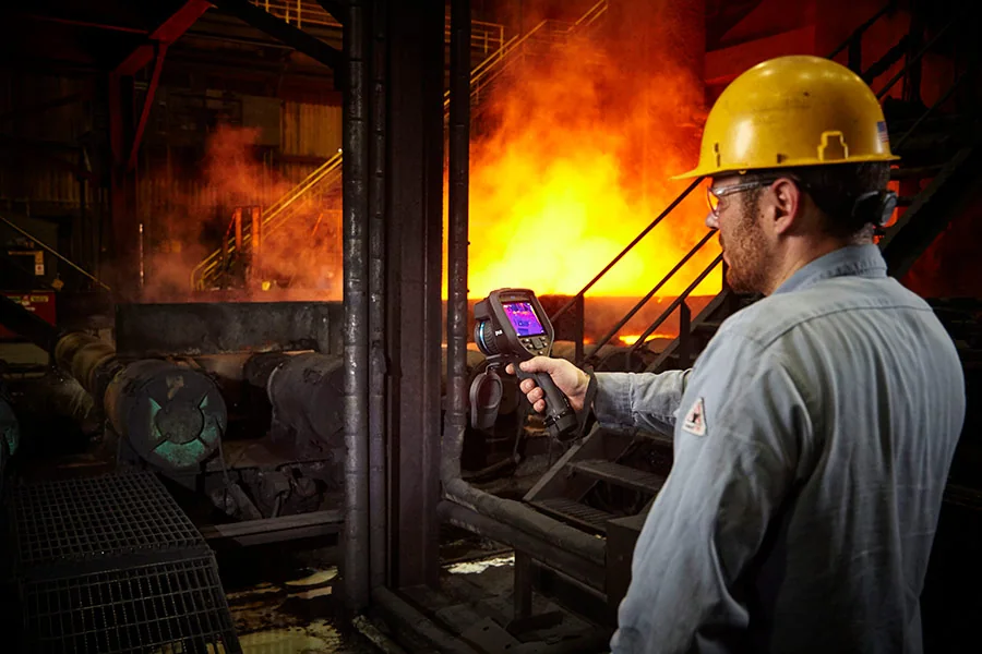Profissional com capacete usa câmera térmica FLIR diante de um forno industrial em operação
